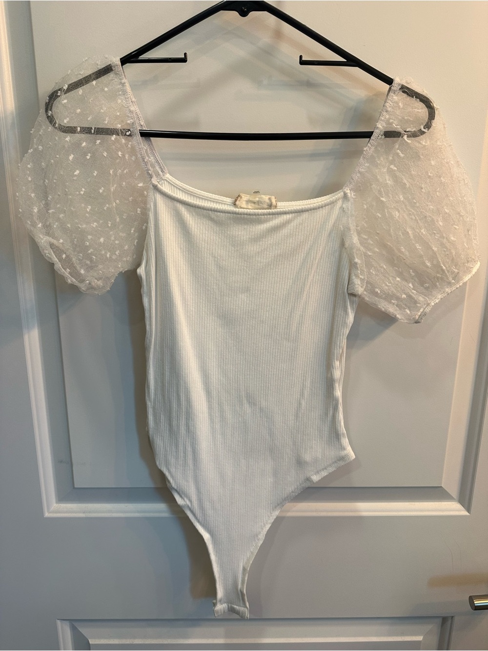 Altar'd State White Ribbed Bodysuit with Sheer Puff Sleeves
